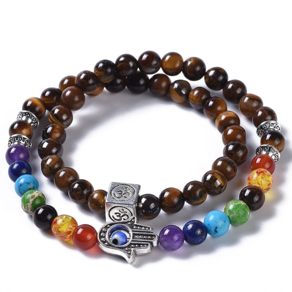 NWOT Two Loops Natural Tiger Eye Stone Beads Wrap Stretch Bracelet